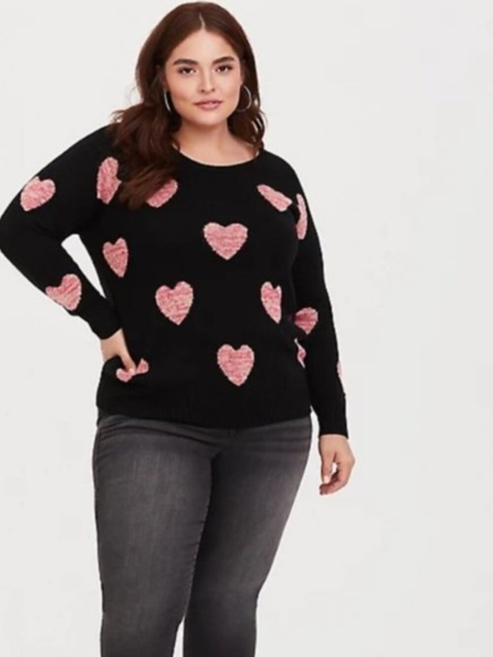 Torrid Long Sleeve Raglan Knit Heart Crewneck Sweater Black Pink Size 2X